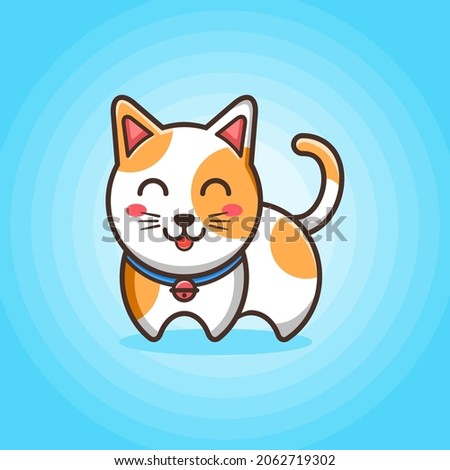 A cute orange cat wearing a blue necklace with happy face. Cute animal flat design with outline. Simple and cute design.