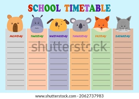 School timetable design with cute aimals head. Timetable for elementary school. Vector template. Design of kid's products.