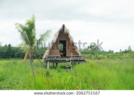 A picture of a house or hut on a green rice field.