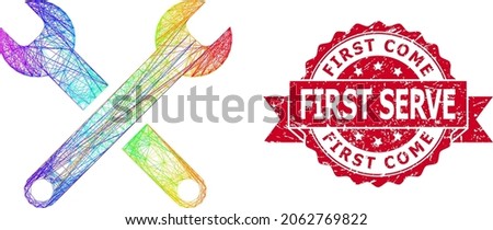 Spectrum colorful wire frame spanners, and First Come First Serve unclean ribbon stamp seal. Red stamp seal has First Come First Serve tag inside ribbon. Royalty-Free Stock Photo #2062769822