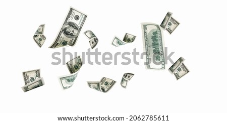 Money stack. Hundred dollars of America. Falling money isolated, us bill white background Royalty-Free Stock Photo #2062785611
