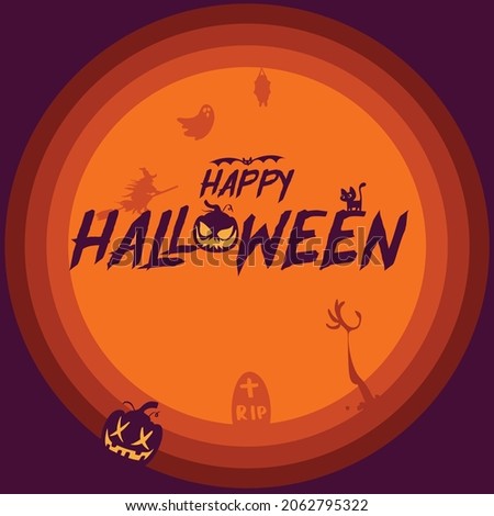 Happy halloween text with skeleton hands, Tombstone, Pumpkin, Bats, Ghosts, Witch and spiders