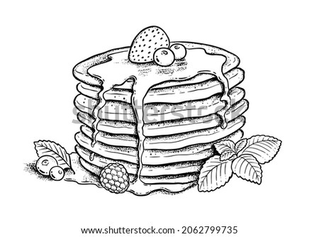 Vector illustration of Pancakes with mint leaf and berries. Vintage style drawing isolated on white background. Royalty-Free Stock Photo #2062799735