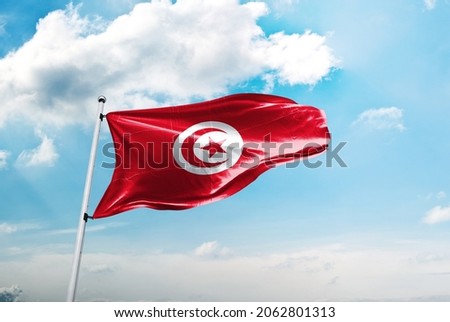 Tunisia flag in the blue sky Royalty-Free Stock Photo #2062801313