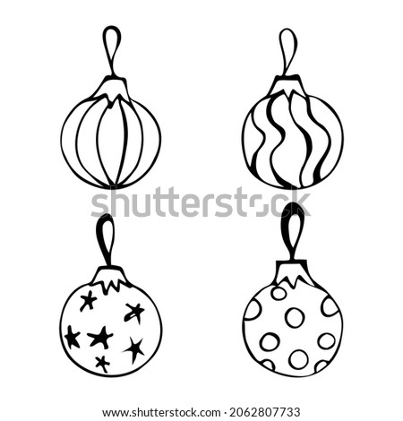Hand drawn illustration of Christmas tree decorations in doodle style.