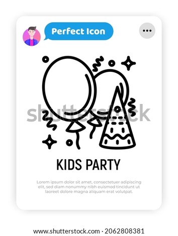 Kids party thin line icon, baloons, confetti, decoration. Modern vector illustration.