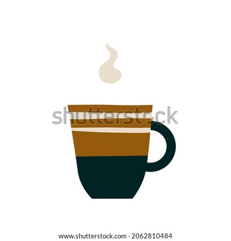 Ceramic striped mug with a hot drink. A porcelain cup with tea or coffee with smoke or steam. Vector illustration in a flat cartoon hand-drawn style. Isolated on a white background