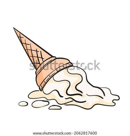 Dropped vanilla ice cream doodle cartoon isolated clipart on white background, Vector illustration of soft icecream in waffle cone