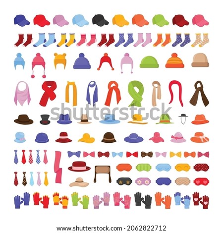 Collection of clothes and accessories. Colorful hats, scarves, gloves. Royalty-Free Stock Photo #2062822712