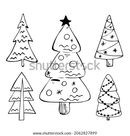 Set of Christmas trees hand drawn in doodle style.
