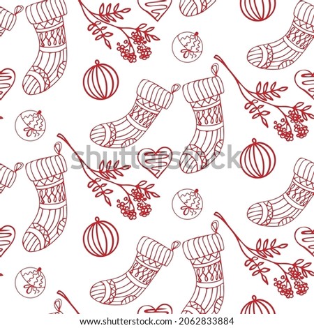 Seamless pattern of hand-drawn Christmas elements, doodle illustration.