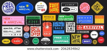 Set of Sale Stickers Retro Design. Cool Trendy Discount labels. Vector Special Offer Badges. Royalty-Free Stock Photo #2062834862