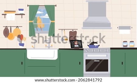 Kitchen interior background with sink and oven hood. flat design style vector illustration.