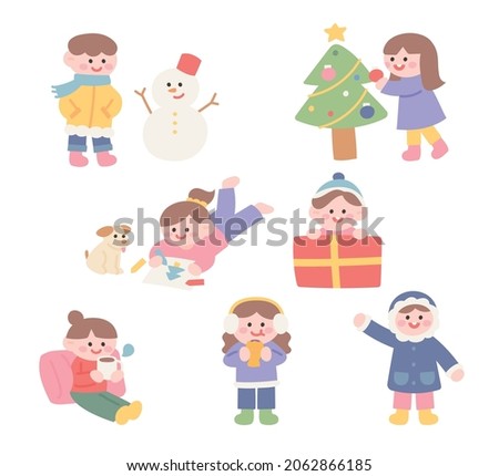 Christmas character. Cute children in winter clothes are playing. flat design style vector illustration.