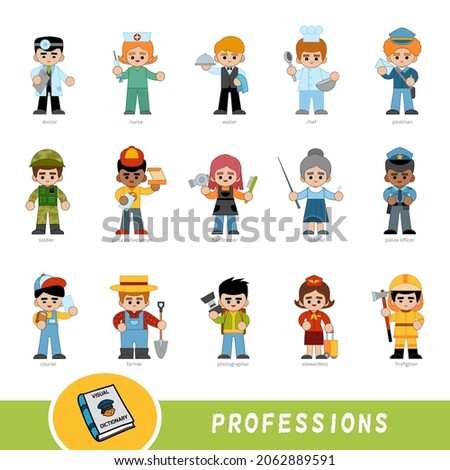Colorful set of professions. Visual dictionary for children about professional occupation. Cartoon set of color characters