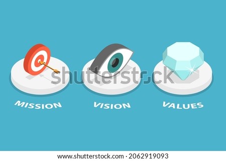 3D Isometric Flat Vector Conceptual Illustration of Mission Vision and Values, Company Business Strategy