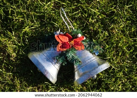 christmas decoration, two silver bells with poinsettia on the lawn of the garden. Merry christmas concept