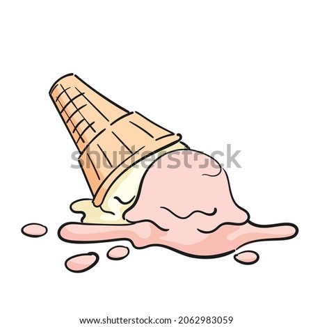 Dropped ice cream doodle two scoops in waffle cone isolated clipart on white background, Delicious sweet dairy dessert vector illustration