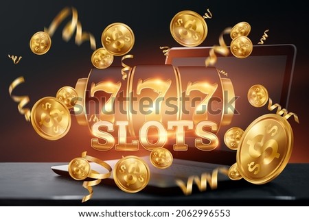 Online casino, laptop with slot machine with jackpot and gold coins. Online Slots, Lucky Seven 777, Dark Gold Style. Luck concept, gambling, jackpot, banner Royalty-Free Stock Photo #2062996553