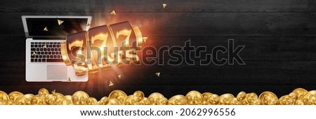 Online casino, laptop with slot machine with jackpot and gold coins. Online Slots, Lucky Seven 777, Dark Gold Style. Luck concept, gambling, jackpot, banner Royalty-Free Stock Photo #2062996556