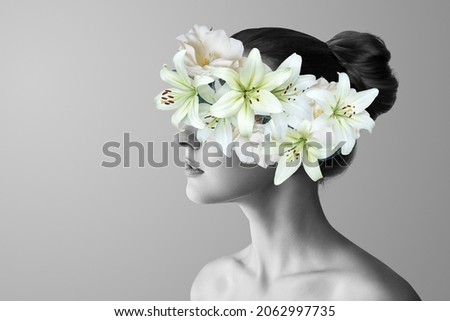 Abstract contemporary art collage black and white portrait of young woman with flowers on face hides her eyes Royalty-Free Stock Photo #2062997735