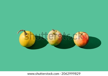 Two yellow apples and a yellow pumpkin on green background. Nature similarities or differencies creative concept. Autumn fruits and vegetables artistic design.