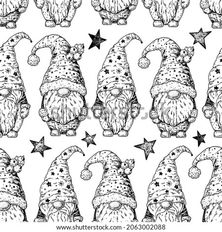 Scandinavian gnome sketch illustration. Seamless pattern. Vintage background. Engraved style. Hand drawn vector illustration. Christmas design element.