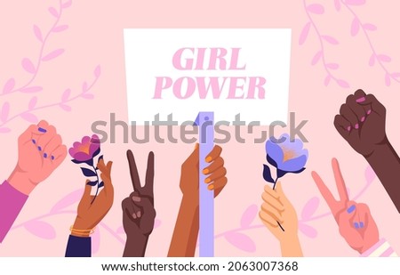 Womans hand banner. Concept of feminine power, feminism, equality, tolerance. Women raised their fists, protest. Set of characters, sticker, poster, wallpaper. Cartoon flat vector illustration Royalty-Free Stock Photo #2063007368
