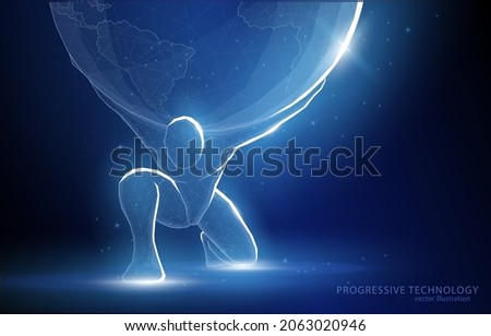 

Vector concept illustration, a man on the planet Earth, on a dark blue background, a symbol of strength, endurance, in business or sports. Royalty-Free Stock Photo #2063020946