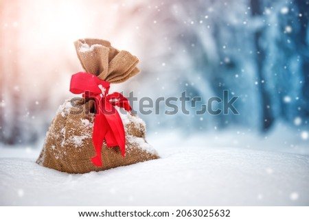 Present bag on the fresh snow in winter in forest. Gifts in wintertime outdoors. Christmas concept