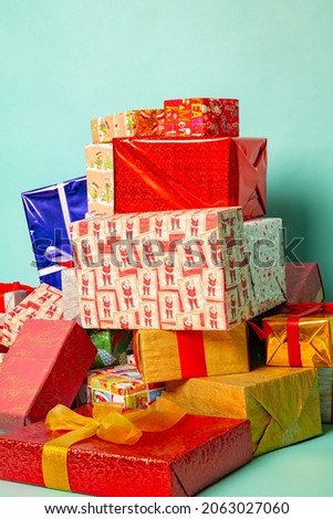 Christmas gifts box lie on blue background