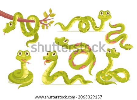 Set of snakes. Collection of images with cartoon characters. Images for printing on childrens clothing. Poster, banner, sticker. Cartoon flat vector illustration isolated on white background