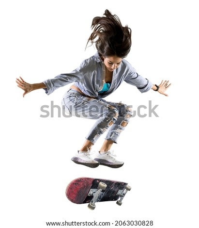 Skateboarder doing a jumping trick. Freestyle extreme sports concept isolated on white background