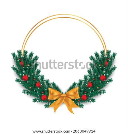 Christmas frame on a white background. Xmas frame with green leaves and red decoration balls. Christmas red ball, Xmas frame, green leaves, snowflakes, decoration ball, golden ribbon.