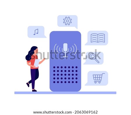 Voice command device, smart speaker and woman. Wireless assistant technology. Voice control girl. Vector illustration
