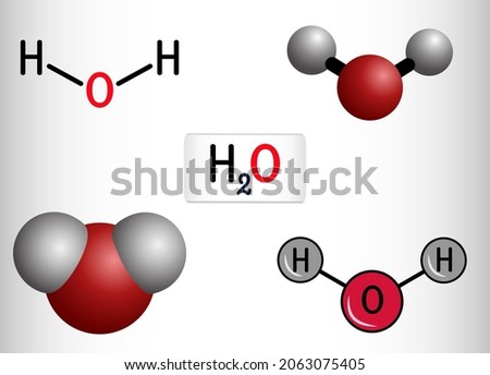 Water , H2O, HOH molecule. It is inorganic hydroxy compound, oxygen hydride consisting of an oxygen atom and two hydrogen atoms. Structural chemical formula and ball-and-stick model. Vector  Royalty-Free Stock Photo #2063075405