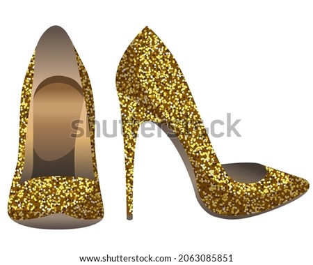 Vector women's gold pumps with sparkles isolated on white background. Shiny high heel shoes. Royalty-Free Stock Photo #2063085851