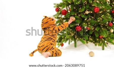Baby wear with costume of tiger,symbol of chinese New 2022 Year touch,play with Christmas tree ball on white background.Infant celebrating holiday at home.Kid Masquerade indoor.Back view.Copy space
