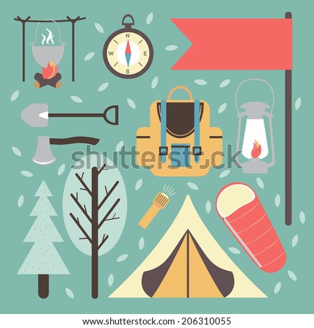Mountain forest camping symbols. Summertime vacations and traveling background.