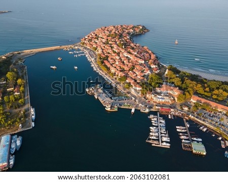 Aerial sunset view of old town and port of Sozopol, Burgas Region, Bulgaria