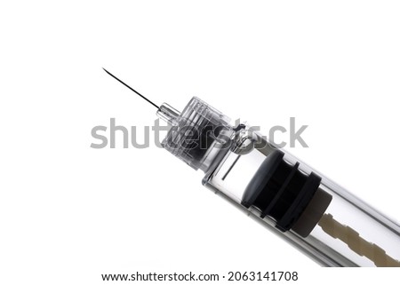 insulin pen needle, threaded to attach securely and safely to insulin pen, solution for injection in pre-filled pen, device for easy self injection, on white background Royalty-Free Stock Photo #2063141708