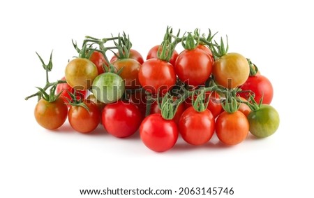 Bunch of fresh, red cherry tomatoes with green stems isolated on white background. Clipping path.