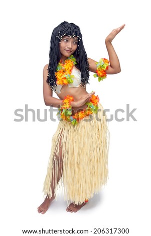 Hawaii hula dancer dancing isolated on white background. Woman in traditional Polynesian costumes dance typical of hula hawaii.