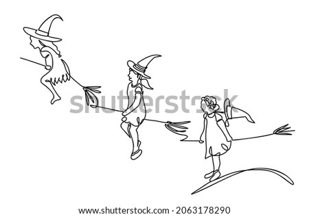 Vector hand-drawn illustration with one continuous line on a white background. Three witches in hats flying on brooms.