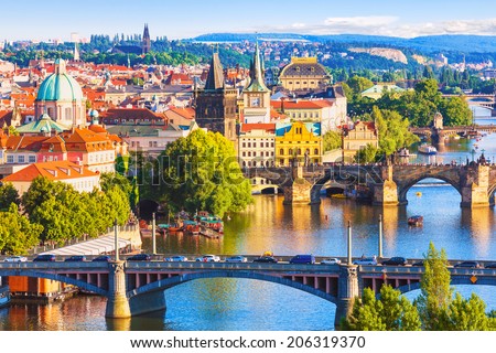 Scenic summer aerial view of the Old Town pier architecture and Charles Bridge over Vltava river in Prague, Czech Republic Royalty-Free Stock Photo #206319370