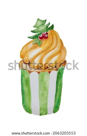  Bright, sweet and tasty muffins painted in watercolor on a white background