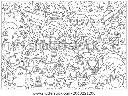 Merry Christmas and Happy Holidays coloring page. Cute cartoon Christmas gnomes in doodle style. Printable Christmas coloring book
 Royalty-Free Stock Photo #2063221208