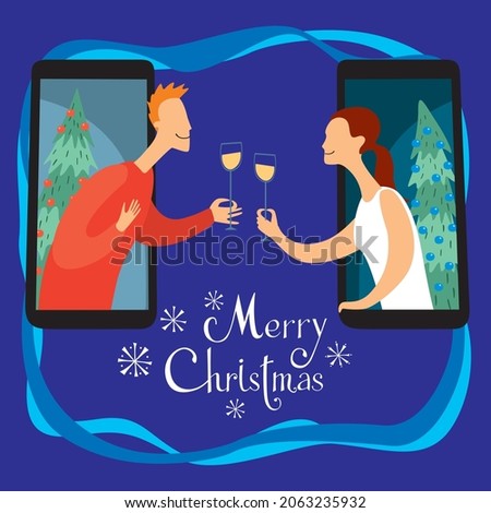 Postcard Merry Christmas. The guy and the girl clink glasses of champagne