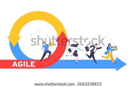 Agile development methodology business concept flat style design vector illustration isolated on white background. Agile life cycle for software development diagram. Business people run into project.
