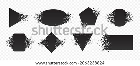 Shape explosion broken and shattered flat style design vector illustration set isolated on transparent background. Rhombus, hexagon, triangle, pentagon, rectangle shape grayscale exploding demolition. Royalty-Free Stock Photo #2063238824